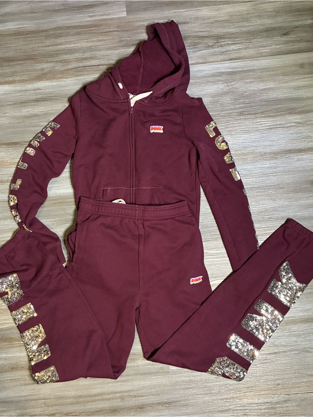 Victoria's Secret PINK Maroon Hoodie & Jogger Set with silver Sequin Accents XS